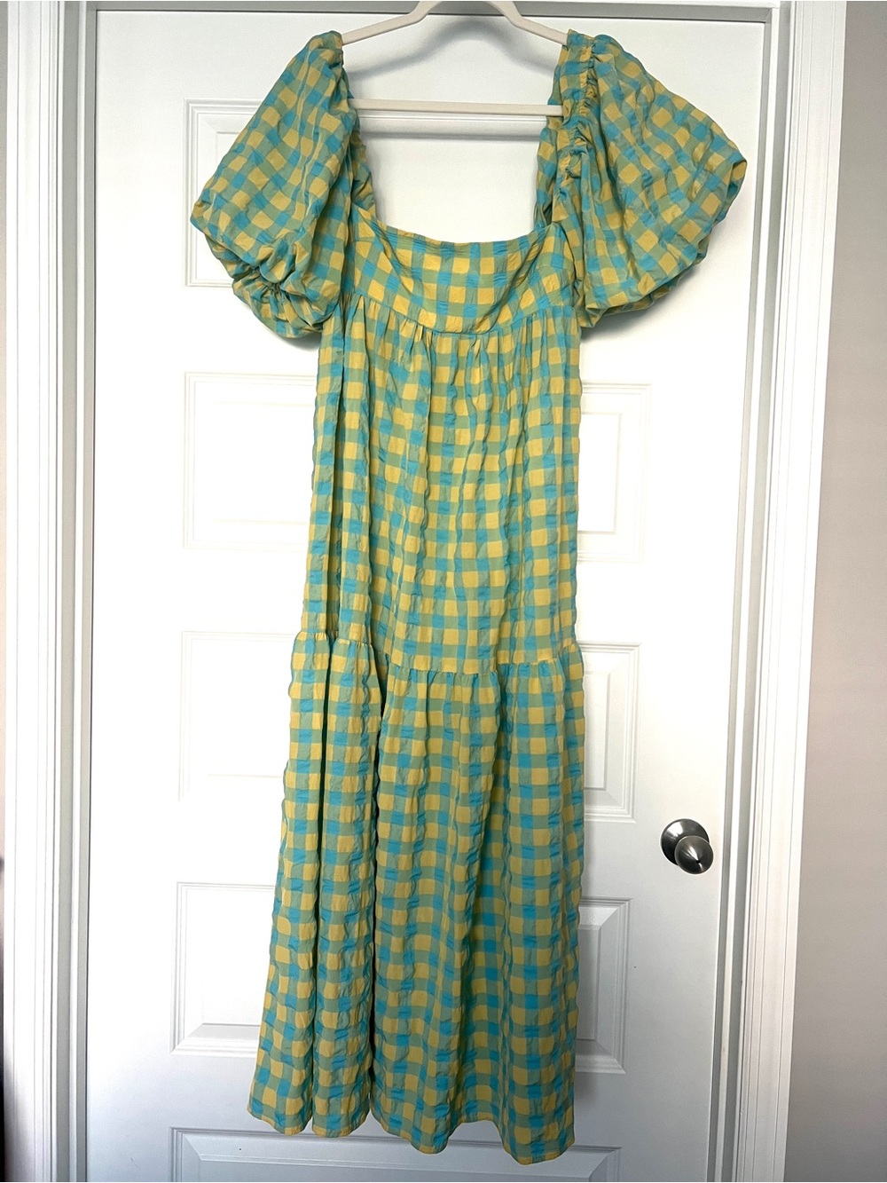 Zara Yellow & Teal Gingham Puff-Sleeve Maxi Dress - Picture 6 of 11